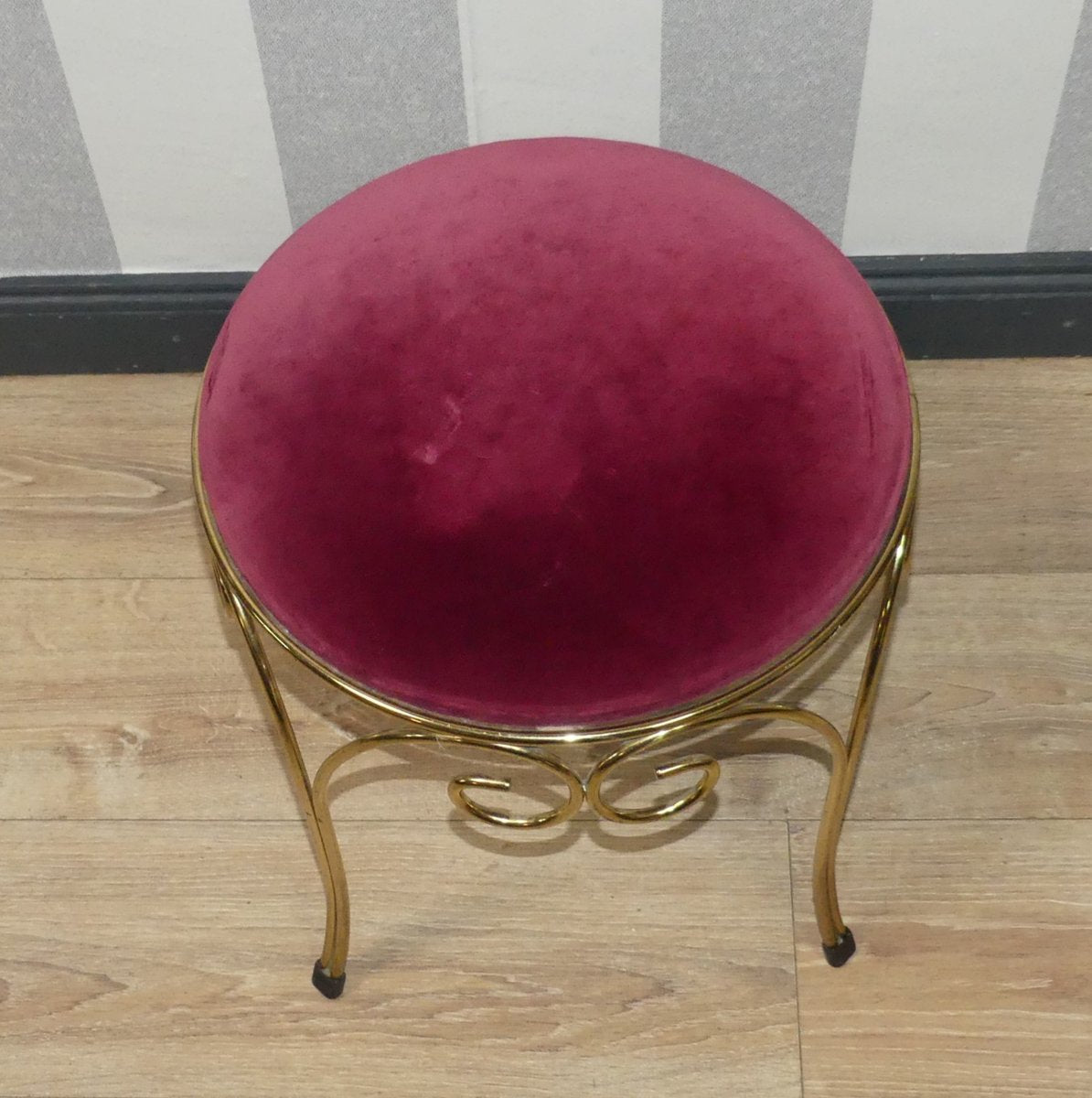 Brass & Burgundy Velvet Stool, 1970s