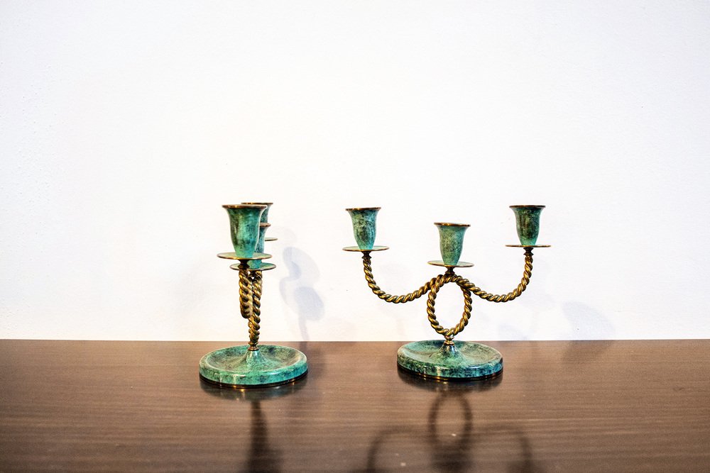 Brass Candleholders in Oxidized Brass, Italy, 1940s, Set of 2