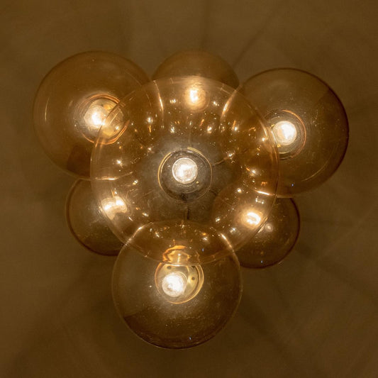 Brass Cascade with Seven Hand Blown Globes Ceiling Lamp from Glashütte Limburg