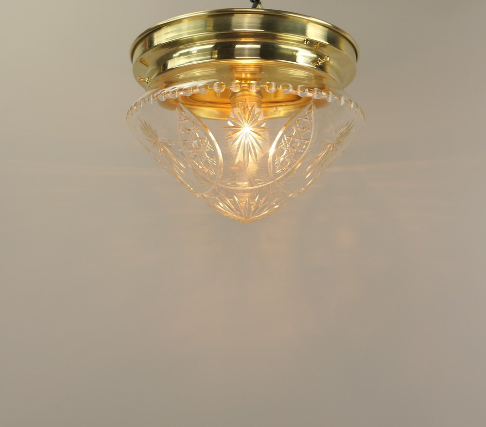 Brass Ceiling Lamp with Lead Crystal Shade, 1920s