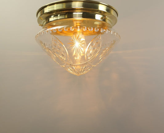 Brass Ceiling Lamp with Lead Crystal Shade, 1920s