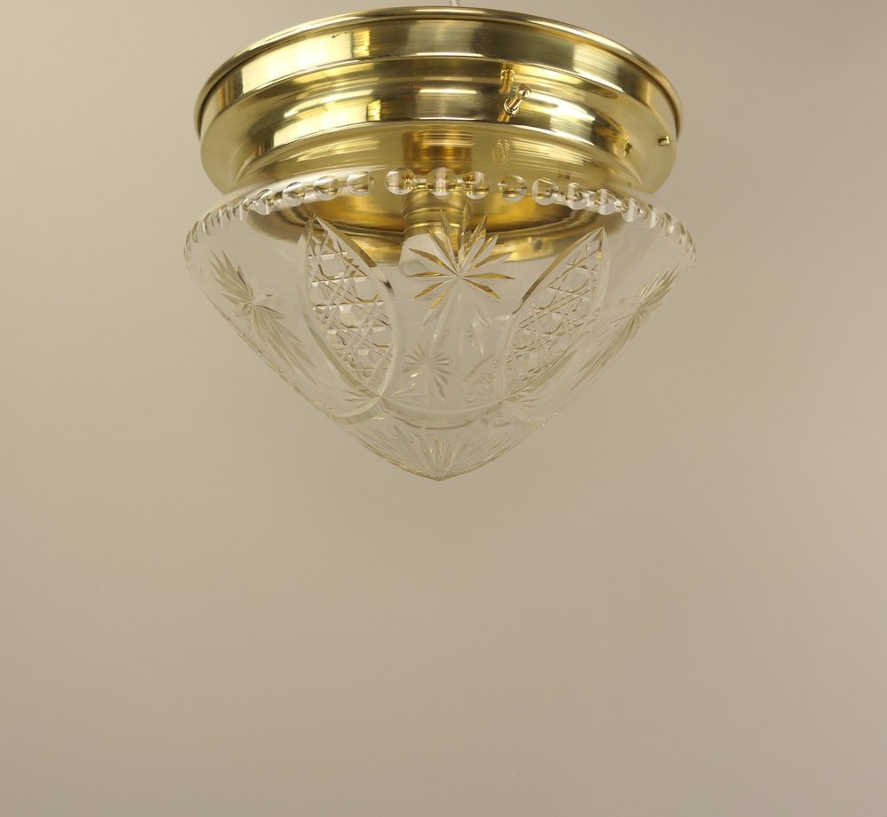 Brass Ceiling Lamp with Lead Crystal Shade, 1920s