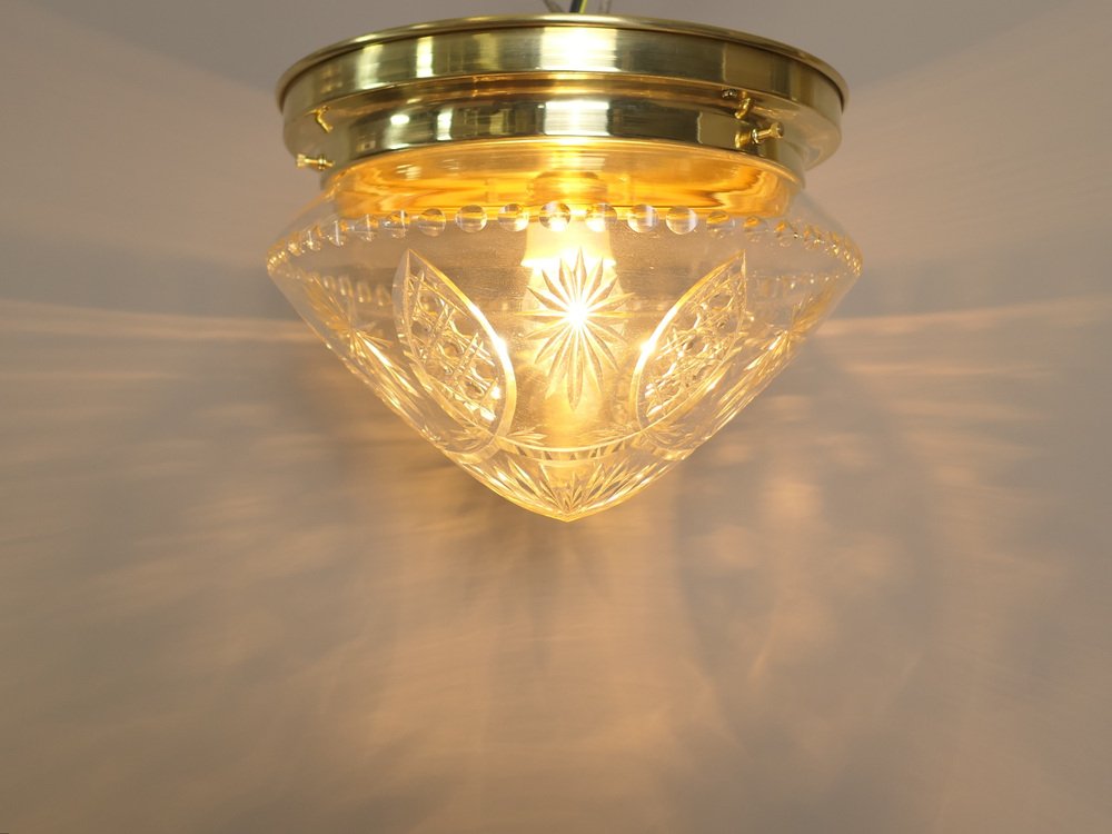 Brass Ceiling Lamp with Lead Crystal Shade, 1920s