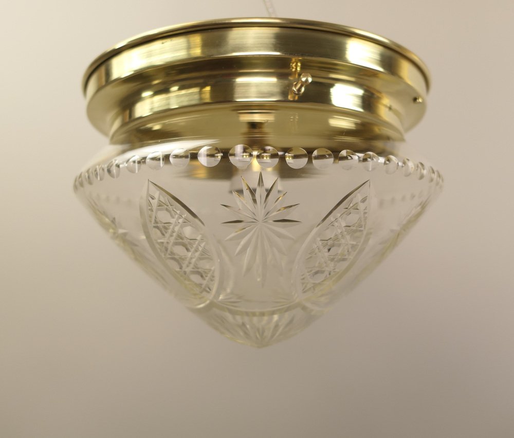 Brass Ceiling Lamp with Lead Crystal Shade, 1920s