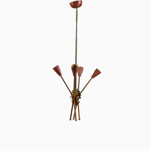 Brass Ceiling Lamp with Red Metal Caps, Italy, 1960s-RAQ-669936