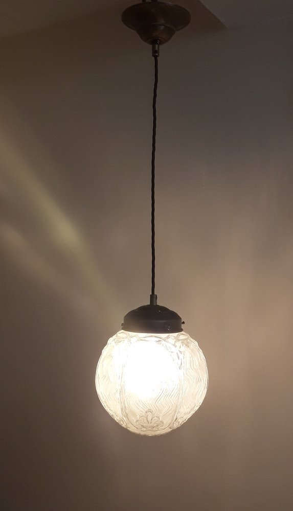 Brass Ceiling Lamp with Spherical Glass Shade, 1970s