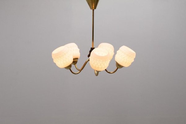 Brass Ceiling Lamp with White Crystal Shades, Sweden, 1950s-KMC-895991