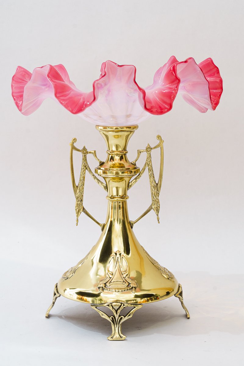 Brass Centerpiece with Original Opaline Glass Shade, 1908