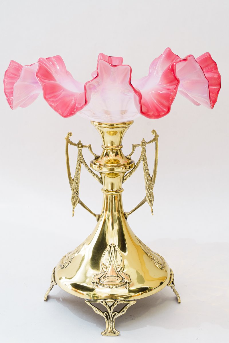 Brass Centerpiece with Original Opaline Glass Shade, 1908