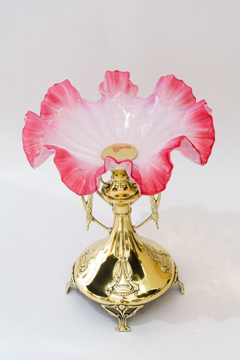 Brass Centerpiece with Original Opaline Glass Shade, 1908