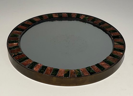 Brass & Ceramic Round Mirror, 1950s-BA-1619808