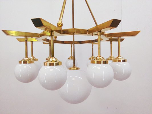 Brass Chandelier with 10 White Globe Lights-QLH-957994