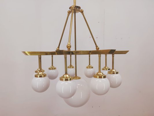 Brass Chandelier with 10 White Globe Lights-QLH-957994