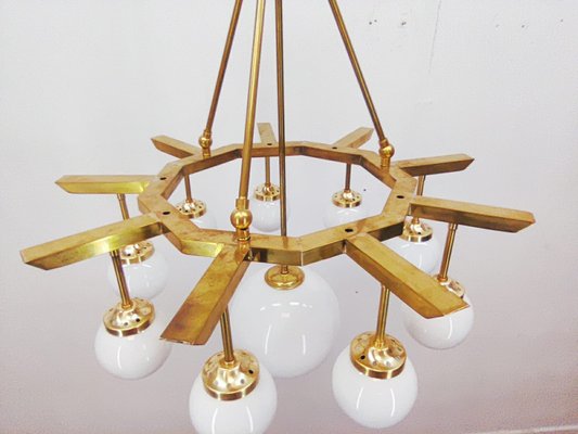 Brass Chandelier with 10 White Globe Lights-QLH-957994