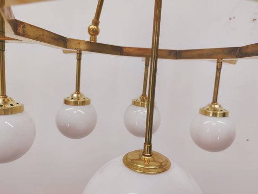 Brass Chandelier with 10 White Globe Lights-QLH-957994