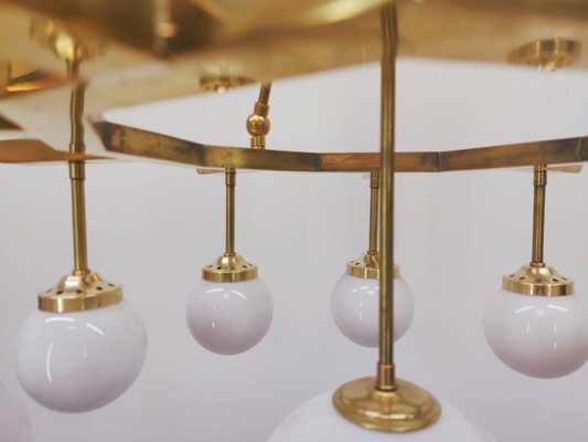 Brass Chandelier with 10 White Globe Lights-QLH-957994