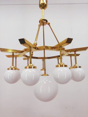 Brass Chandelier with 10 White Globe Lights-QLH-957994