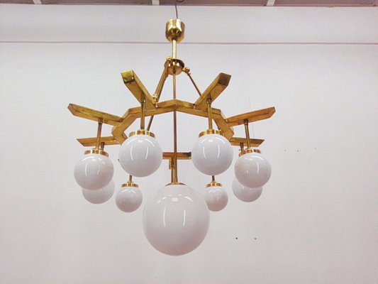 Brass Chandelier with 10 White Globe Lights-QLH-957994