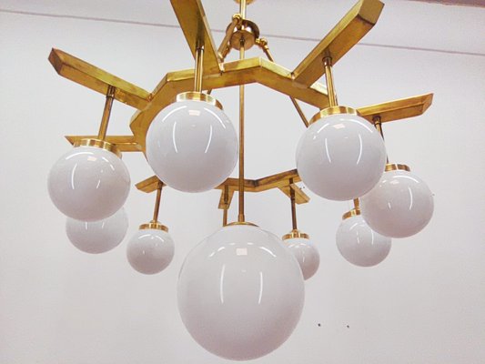 Brass Chandelier with 10 White Globe Lights-QLH-957994