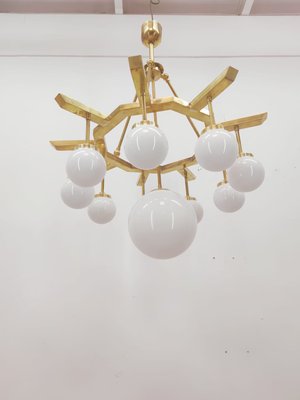 Brass Chandelier with 10 White Globe Lights-QLH-957994