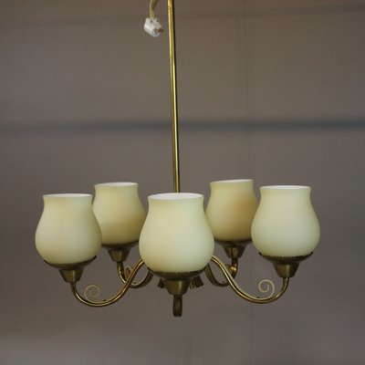 Brass Chandelier with Opaline Glass Shades by Bent Karlby for Lyfa, 1950s-AX-838675