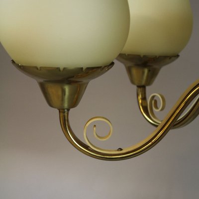 Brass Chandelier with Opaline Glass Shades by Bent Karlby for Lyfa, 1950s-AX-838675