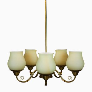 Brass Chandelier with Opaline Glass Shades by Bent Karlby for Lyfa, 1950s-AX-838675