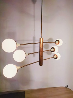 Brass Chandelier with Spheres in Opal, 1960s-NUO-935401