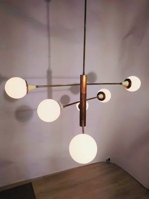 Brass Chandelier with Spheres in Opal, 1960s-NUO-935401