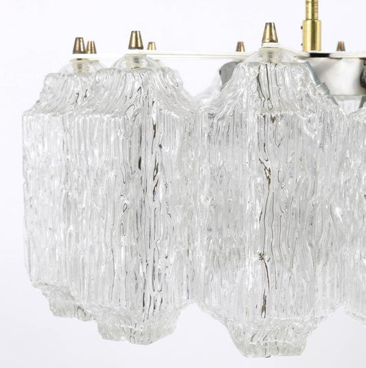 Brass Chandelier with Textured Ice Glass attributed to J. T. Kalmar for Kalmar, Austria, 1950s