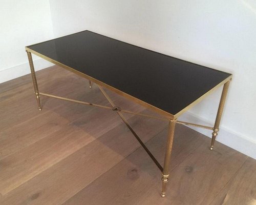 Brass Coffee Table with Black Lacquered Top attributed to Maison Jansen, 1940s-BA-658618