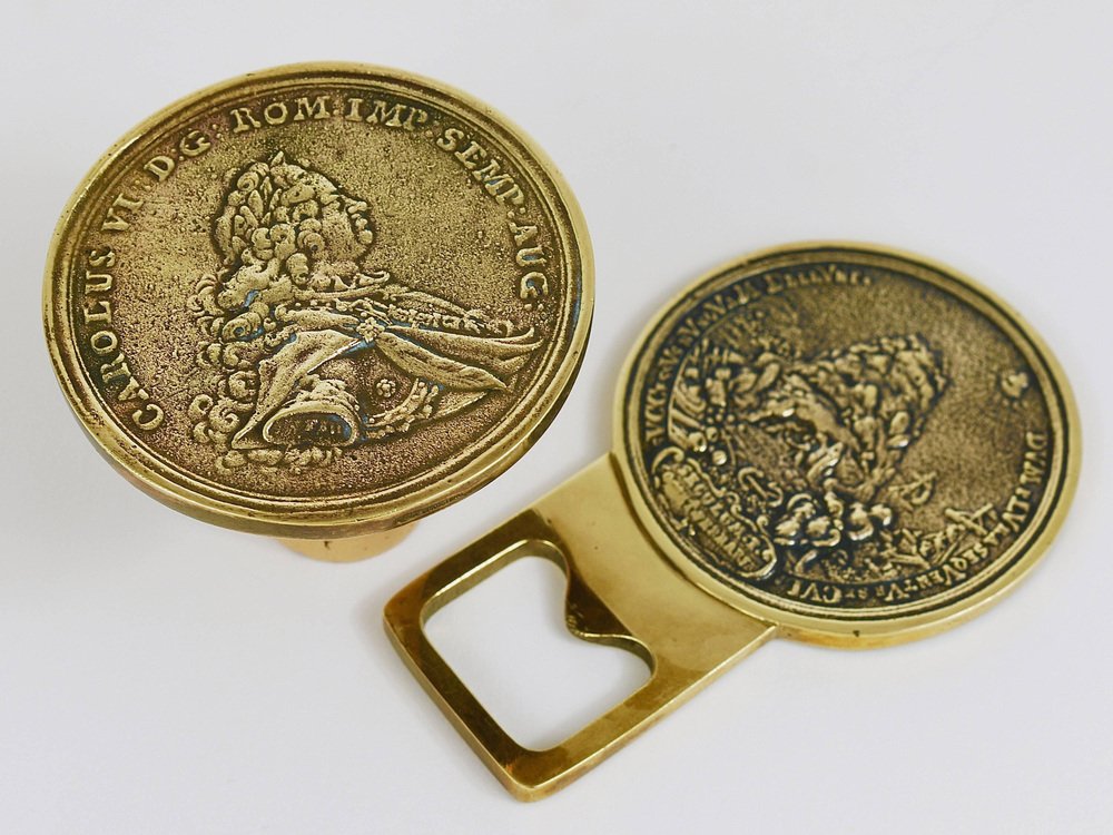 Brass Coin Bottle Opener and Bottle Stopper attributed to Carl Auböck, Austria, 1950s, Set of 2