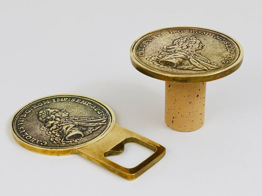 Brass Coin Bottle Opener and Bottle Stopper attributed to Carl Auböck, Austria, 1950s, Set of 2