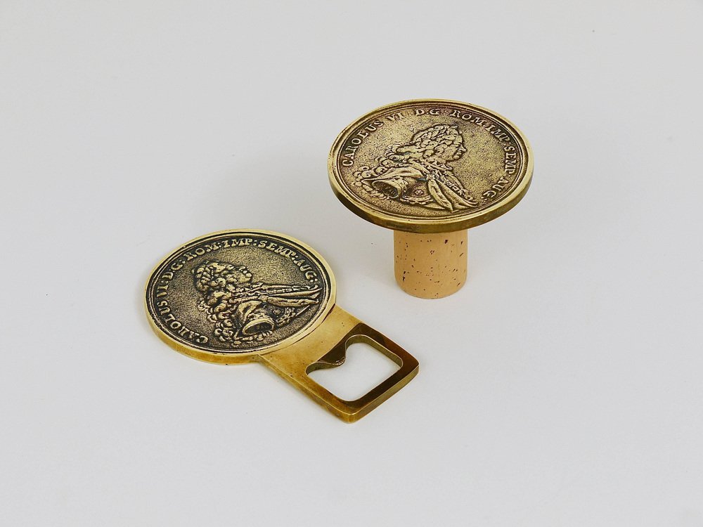 Brass Coin Bottle Opener and Bottle Stopper attributed to Carl Auböck, Austria, 1950s, Set of 2