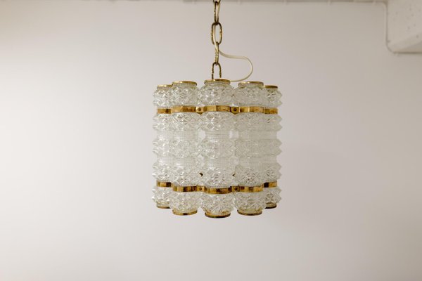 Brass & Crystal Cylinder Chandelier by Tyringe for Orrefors, Sweden-UYK-1239677