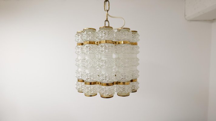 Brass & Crystal Cylinder Chandelier by Tyringe for Orrefors, Sweden-UYK-1239677