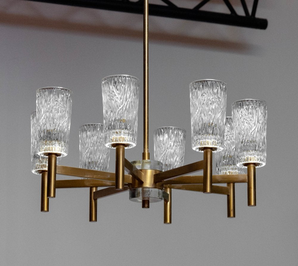 Brass Eight Arms Chandelier with Clear Art Glass Vases by Markaryd, Sweden, 1970s