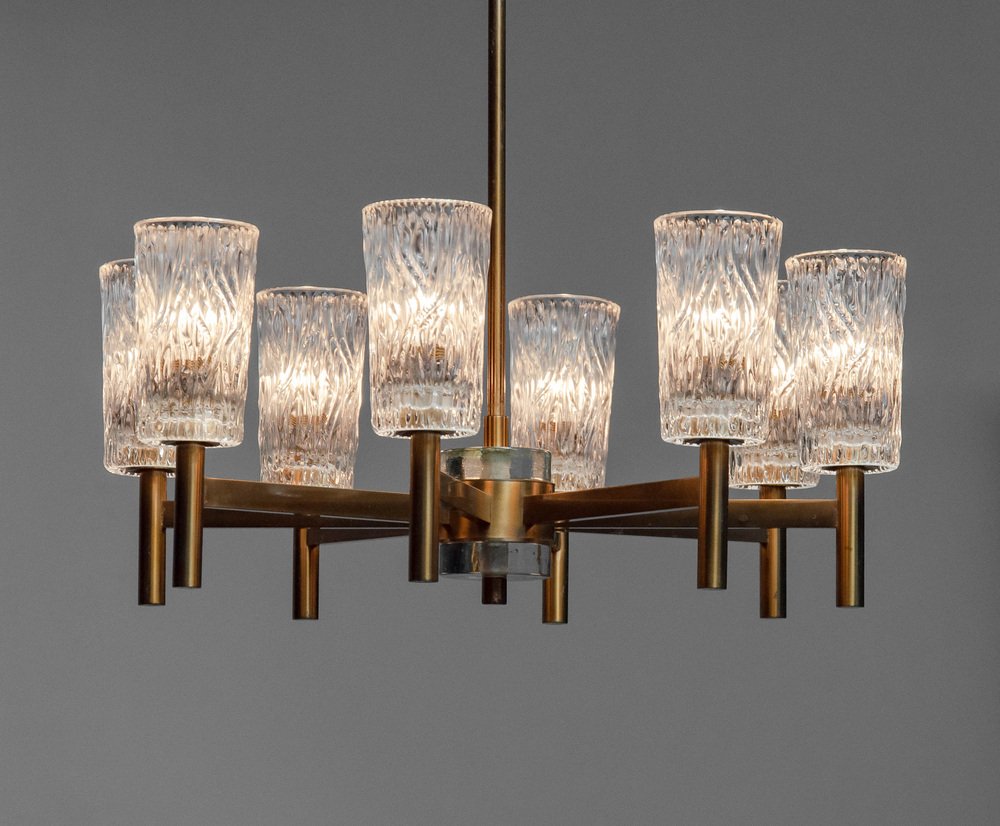 Brass Eight Arms Chandelier with Clear Art Glass Vases by Markaryd, Sweden, 1970s