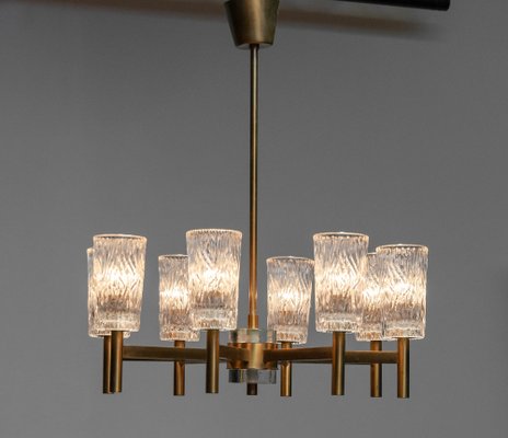 Brass Eight Arms Chandelier with Clear Art Glass Vases by Markaryd, Sweden, 1970s-JE-1812546