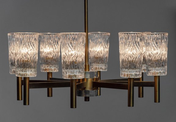 Brass Eight Arms Chandelier with Clear Art Glass Vases by Markaryd, Sweden, 1970s-JE-1812546