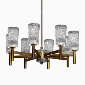 Brass Eight Arms Chandelier with Clear Art Glass Vases by Markaryd, Sweden, 1970s-JE-1812546