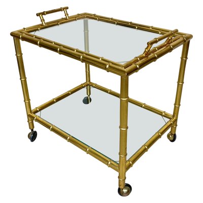 Brass Faux Bamboo Effect & Glass Serving Bar Cart, Italy, 1960s-LYQ-1171537