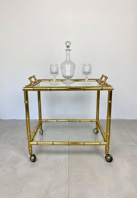 Brass Faux Bamboo Effect & Glass Serving Bar Cart, Italy, 1960s-LYQ-1171537