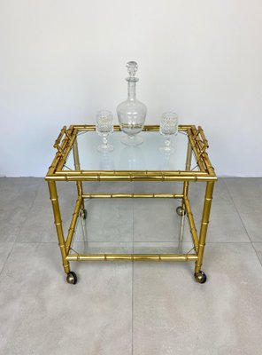 Brass Faux Bamboo Effect & Glass Serving Bar Cart, Italy, 1960s-LYQ-1171537