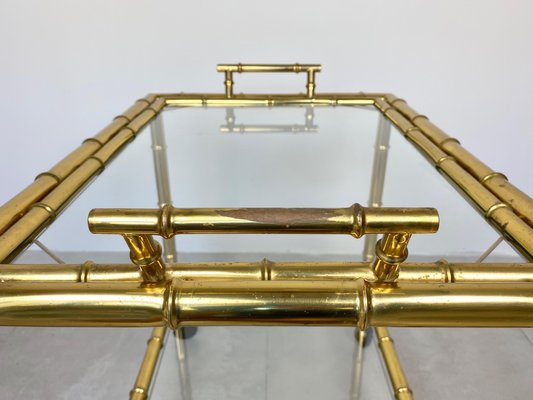 Brass Faux Bamboo Effect & Glass Serving Bar Cart, Italy, 1960s-LYQ-1171537