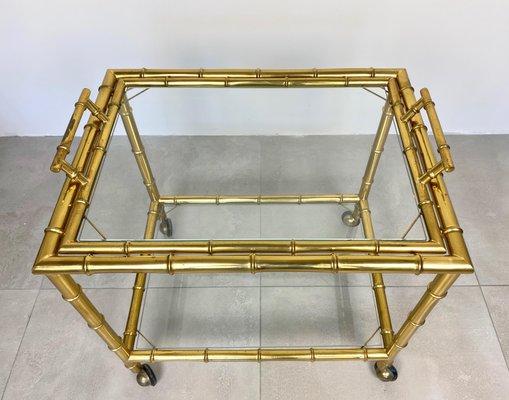 Brass Faux Bamboo Effect & Glass Serving Bar Cart, Italy, 1960s-LYQ-1171537