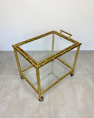 Brass Faux Bamboo Effect & Glass Serving Bar Cart, Italy, 1960s-LYQ-1171537