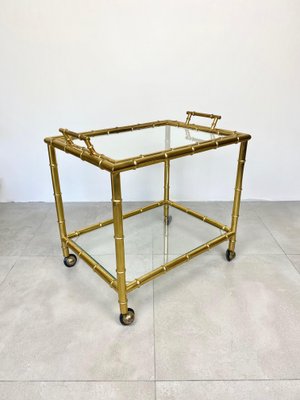 Brass Faux Bamboo Effect & Glass Serving Bar Cart, Italy, 1960s-LYQ-1171537