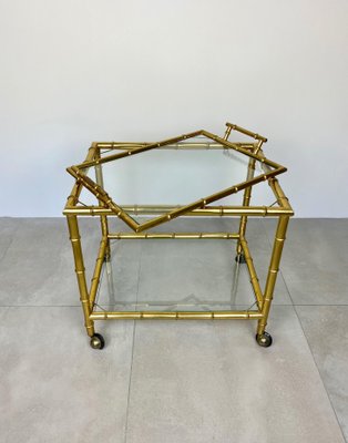 Brass Faux Bamboo Effect & Glass Serving Bar Cart, Italy, 1960s-LYQ-1171537