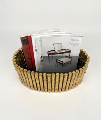 Brass Faux Bamboo Magazine Rack or Basket by Bottega Gadda, Italy, 1970s-LYQ-1171222